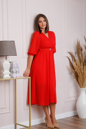 Rochie rosie cu bust petrecut si curea in talie [3]