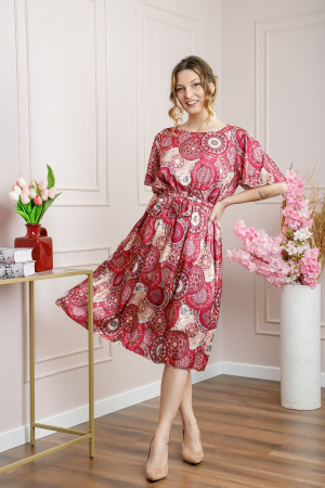 Rochii - Rochie magenta cu imprimeuri mandala si volanas la maneci