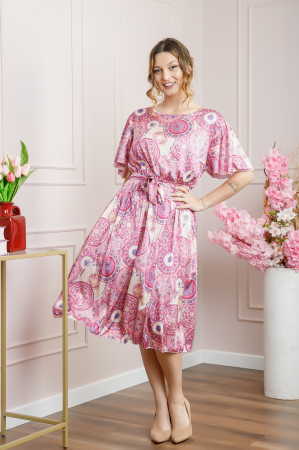 Extra-reduceri - Rochie roz cu imprimeuri mandala si volanas la maneci
