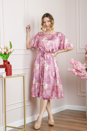 Rochie roz cu imprimeuri mandala si volanas la maneci [3]