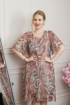Rochie roz piersica din voal cu imprimeu Paisley si maneci fluture [2]