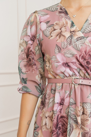 Rochie roz pudrat din voal cu imprimeu floral si curea ajustabila [1]
