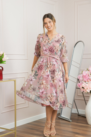 Rochie roz pudrat din voal cu imprimeu floral si curea ajustabila [3]