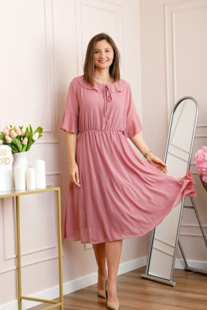 Rochie roz pudrat vaporoasa cu elastic in talie si volanas la decolteu Allegra [2]