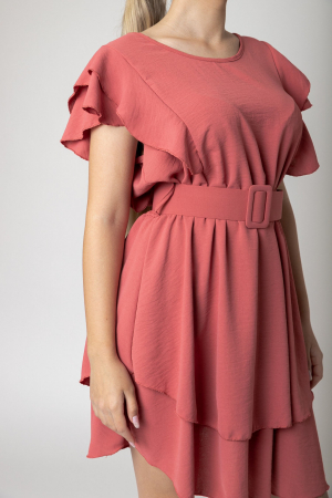 Rochie roz somon cu volane si centura in talie [1]