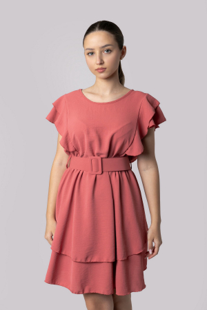 Rochie roz somon cu volane si centura in talie [3]