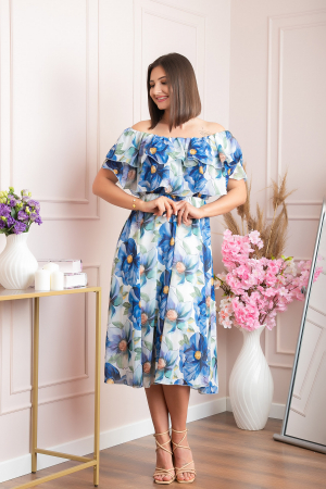Rochie Sarah eleganta din voal cu volane si imprimeuri florale - Albastru [1]