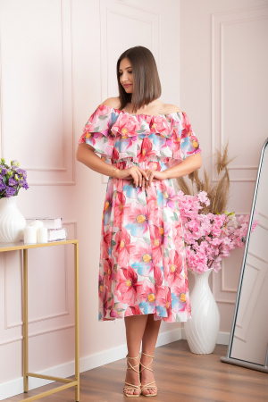 Rochie Sarah eleganta din voal cu volane si imprimeuri florale - Corai [1]