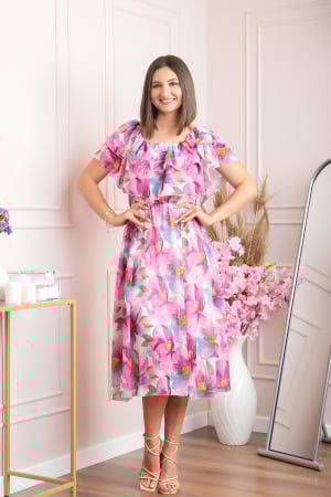 Rochii - Rochie Sarah eleganta din voal cu volane si imprimeuri florale - Fuchsia