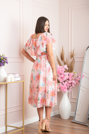 Rochie Sarah eleganta din voal cu volane si imprimeuri florale - Roz somon [3]