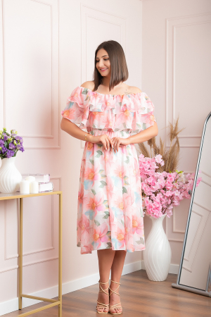 Rochie Sarah eleganta din voal cu volane si imprimeuri florale - Roz somon [1]