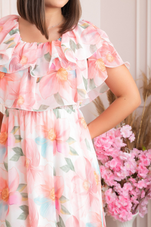 Rochie Sarah eleganta din voal cu volane si imprimeuri florale - Roz somon [2]