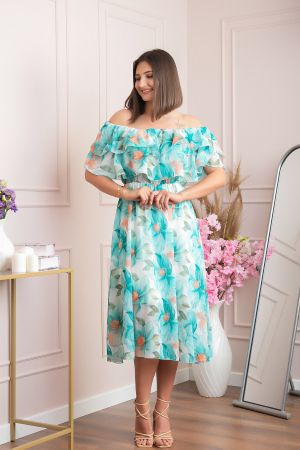 Rochie Sarah eleganta din voal cu volane si imprimeuri florale - Turcoaz deschis [1]