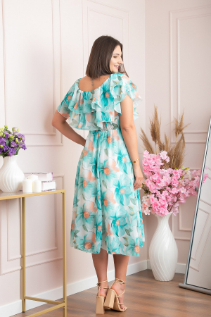 Rochie Sarah eleganta din voal cu volane si imprimeuri florale - Turcoaz deschis [3]