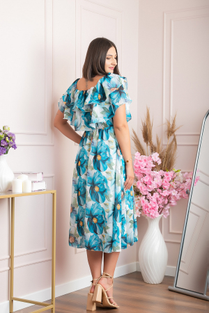 Rochie Sarah eleganta din voal cu volane si imprimeuri florale - Turcoaz inchis [3]