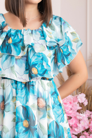 Rochie Sarah eleganta din voal cu volane si imprimeuri florale - Turcoaz inchis [2]