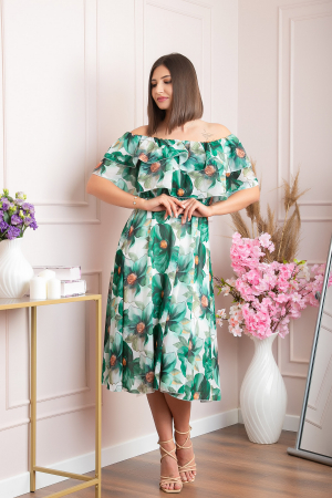 Rochie Sarah eleganta din voal cu volane si imprimeuri florale - Verde [1]