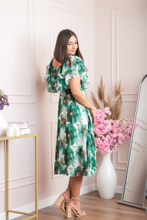 Rochie Sarah eleganta din voal cu volane si imprimeuri florale - Verde [3]