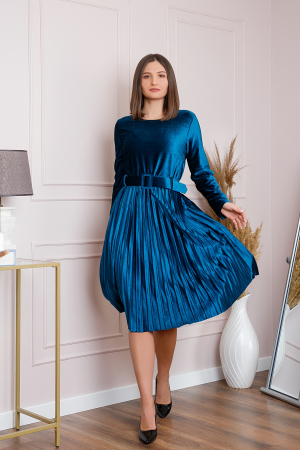 Rochii - Rochie Selena eleganta din catifea turcoaz cu centura in talie
