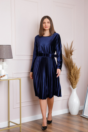 Rochie Selena eleganta din catifea bleumarin cu centura in talie [3]