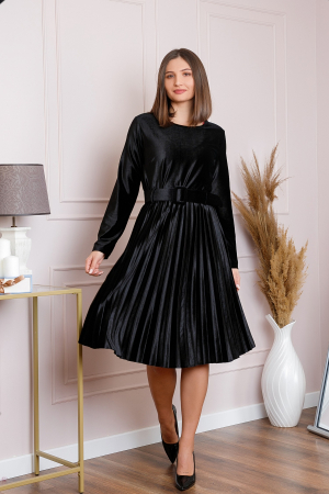 Rochii - Rochie Selena eleganta din catifea neagra cu centura in talie