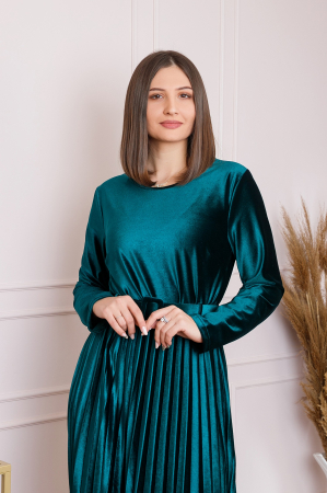 Rochie Selena eleganta din catifea verde cu centura in talie [2]