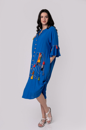 Rochie tip camasa albastra boho chic cu buzunare laterale [7]