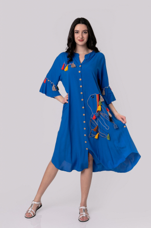 Rochie tip camasa albastra boho chic cu buzunare laterale [4]