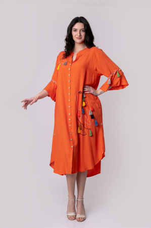 Rochie tip camasa orange boho chic cu buzunare laterale [6]
