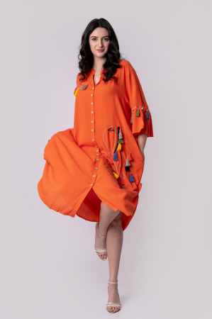 Rochie tip camasa orange boho chic cu buzunare laterale [4]