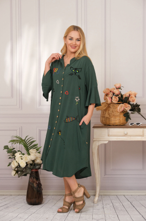Rochie tip camasa verde boho chic cu aplicatie pisica [3]