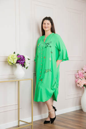 Rochie tip camasa verde smarald boho chic cu aplicatie pisica [2]