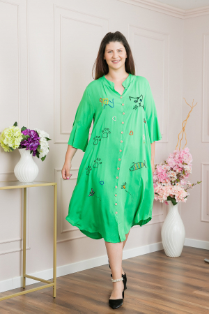 Rochie tip camasa verde smarald boho chic cu aplicatie pisica [3]