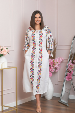 Rochie traditionala alba cu model floral tricolor Malina [3]