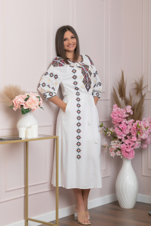 Rochii traditionale - Rochie traditionala alba cu model geometric multicolor Viorela 01