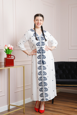 Rochii traditionale - Rochie traditionala alba cu motiv floral albastru Adina