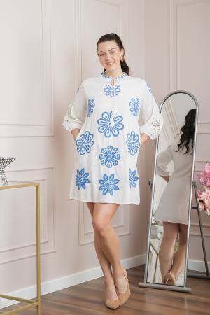 Rochii traditionale - Rochie traditionala alba cu motiv floral albastru Adriela