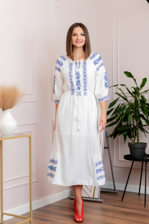 Rochie traditionala alba cu motiv floral albastru Viorica [4]