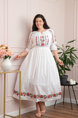 Rochii traditionale - Rochie traditionala alba cu motiv floral rosu Mirabela
