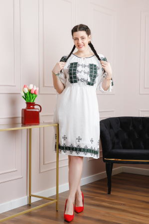 Rochii traditionale - Rochie traditionala alba cu motiv geometric verde Matilda 01