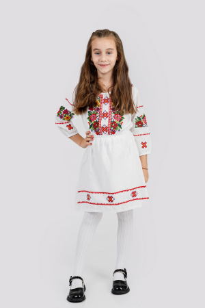 Imbracaminte Fetite - Rochie traditionala alba pentru fetite cu motiv floral multicolor Anais 01