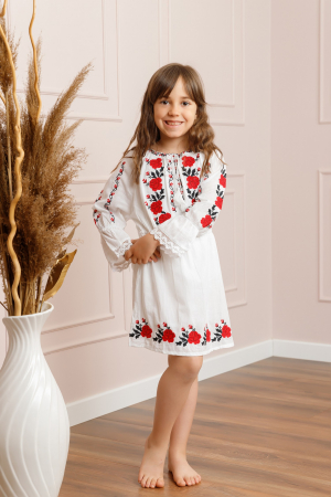 Imbracaminte copii - Rochie traditionala alba pentru fetite cu motiv floral rosu Anabela