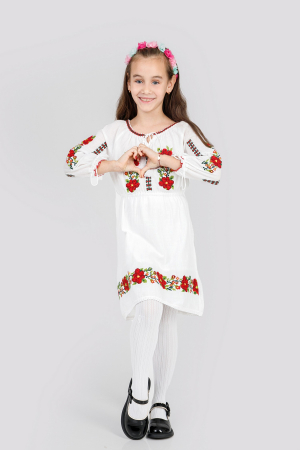 Rochie traditionala alba pentru fetite cu motiv floral rosu Antonia [5]