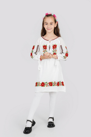 Imbracaminte Fetite - Rochie traditionala alba pentru fetite cu motiv floral rosu Antonia