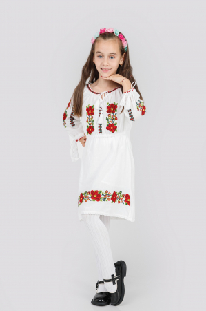 Rochie traditionala alba pentru fetite cu motiv floral rosu Antonia [4]