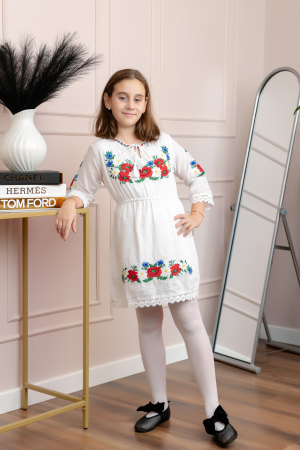 Rochie traditionala alba pentru fetite cu motiv floral rosu Aurora [3]