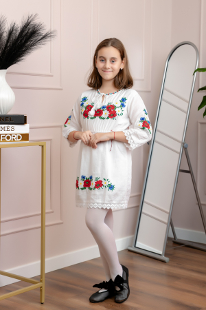 Imbracaminte copii - Rochie traditionala alba pentru fetite cu motiv floral rosu Aurora