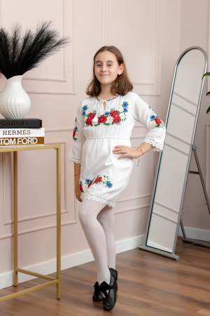 Rochie traditionala alba pentru fetite cu motiv floral rosu Aurora [2]