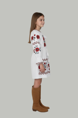 Rochie traditionala alba pentru fetite cu motiv floral rosu Crina [2]
