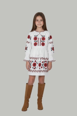 Imbracaminte copii - Rochie traditionala alba pentru fetite cu motiv floral rosu Crina